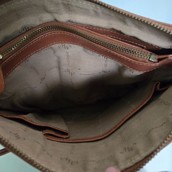 Monsac Vintage Brown Leather Double Handle Logo Bag Charm Tote Shoulder Bag - Picture 6 of 8